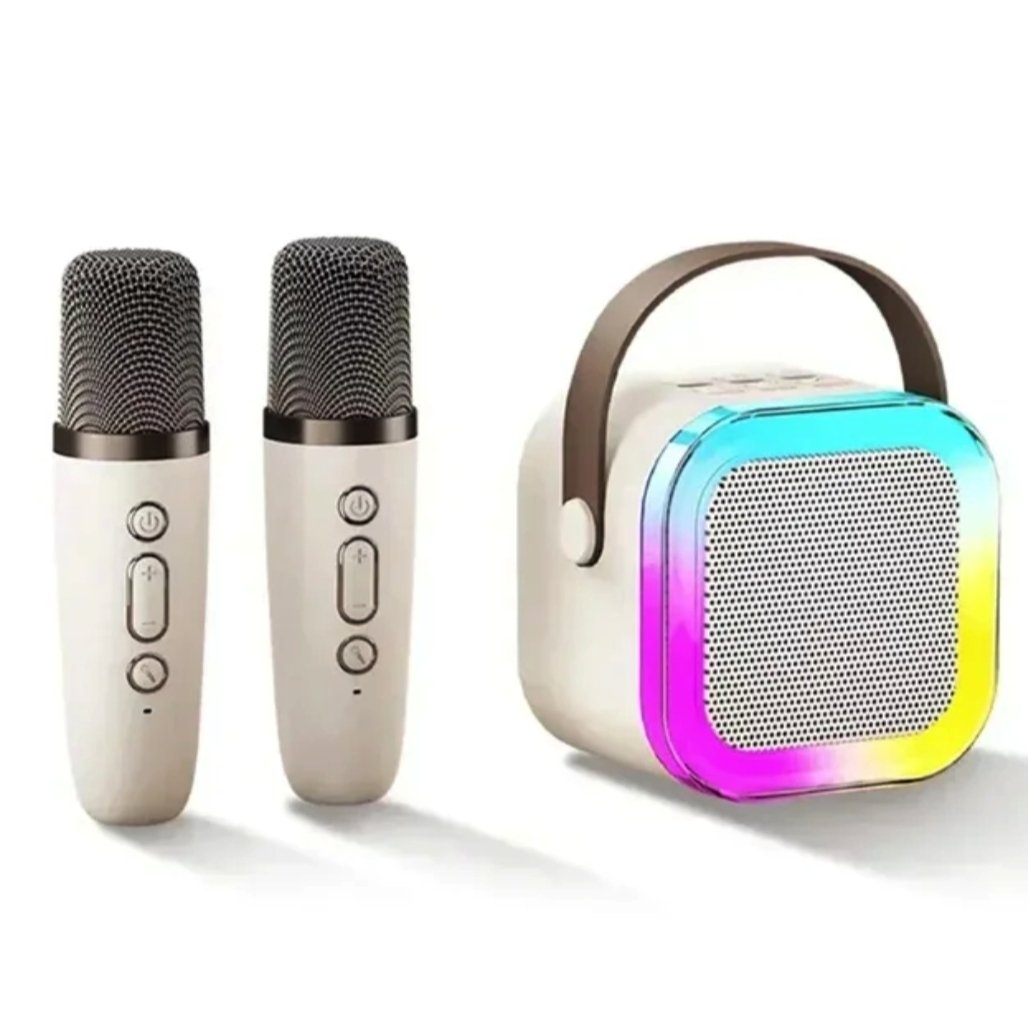 Wireless double microphone with built-in speaker from My Store, showing two microphones and a speaker unit on a sleek black background.