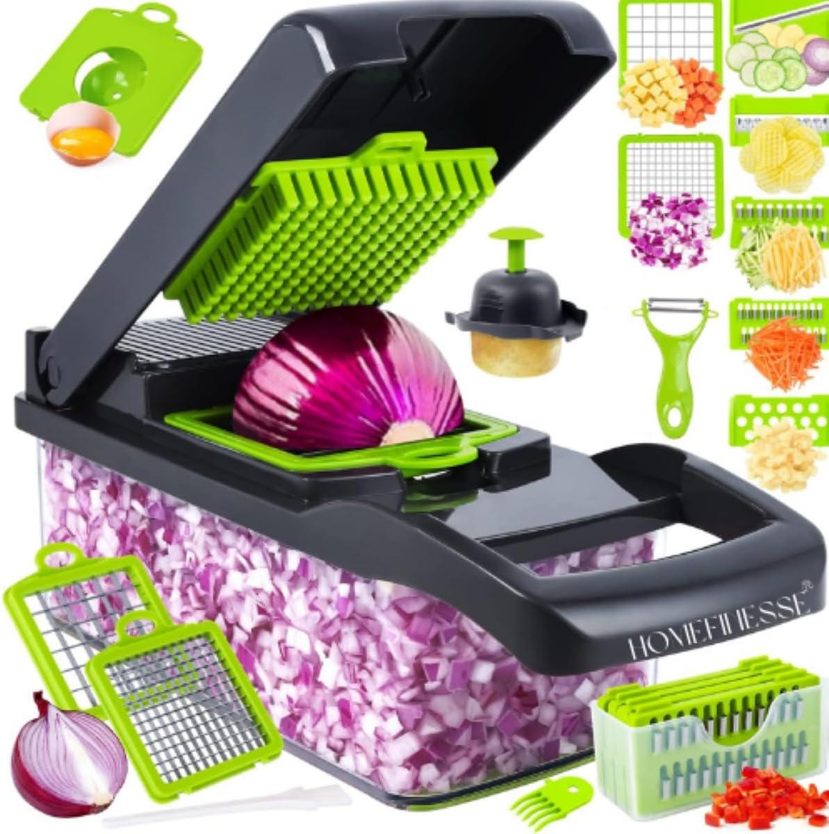 16-inch multi vegetable chopper and mandoline slicer by My Store, showing stainless steel blades and colorful food prep attachments