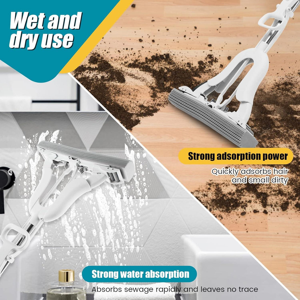 Adjustable squeeze water magic sponge mop for floor cleaning with a durable handle and absorbent head.