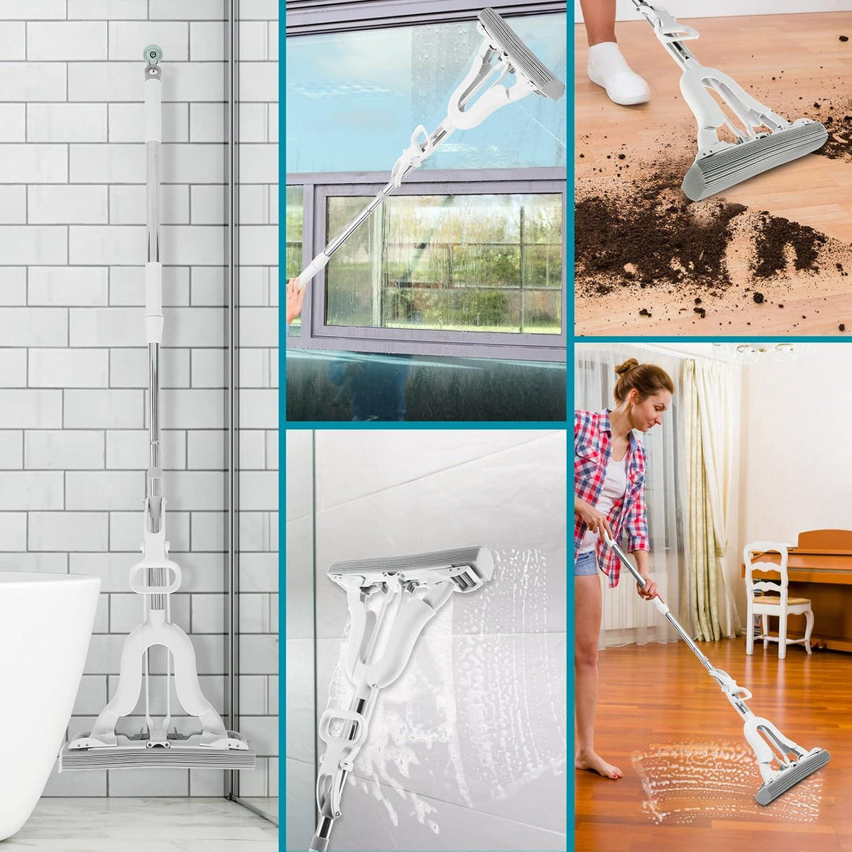 Adjustable squeeze magic sponge mop for floor cleaning, featuring a water-absorbing head and ergonomic handle.