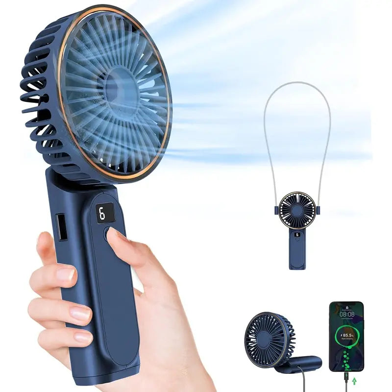 Foldable neck hanging fan by My Store showing its compact design and adjustable straps for portable cooling.