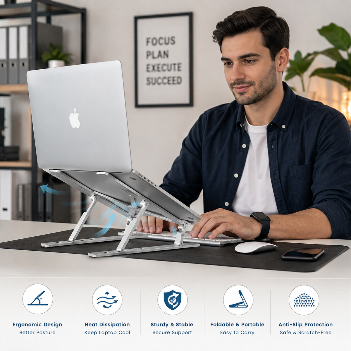 Adjustable laptop stand by My Store, showing a sleek, ergonomic design with multiple height settings for adjustable laptop positioning.