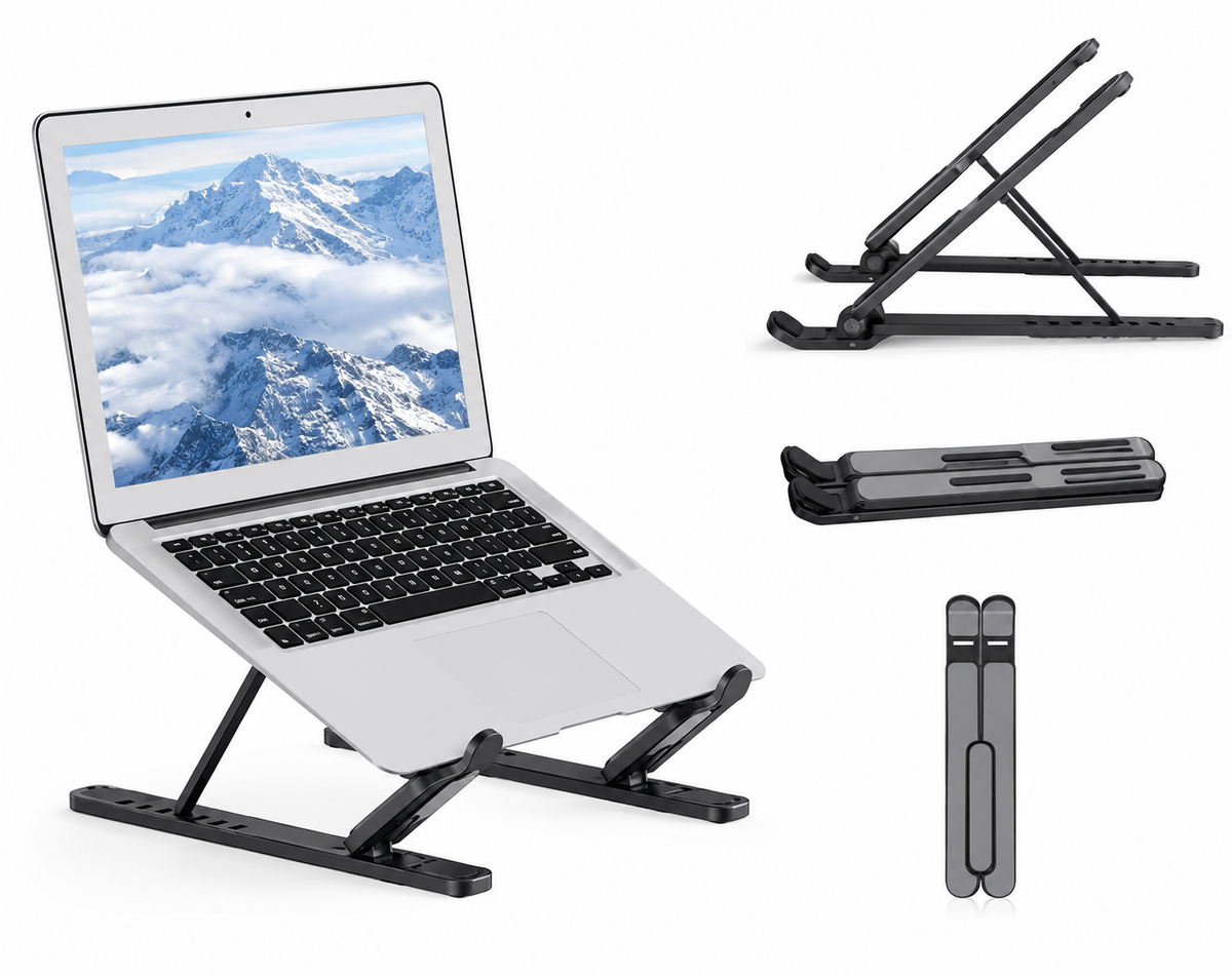 Adjustable My Store laptop stand with a sleek design, holding a laptop at an ergonomic angle on a desk.