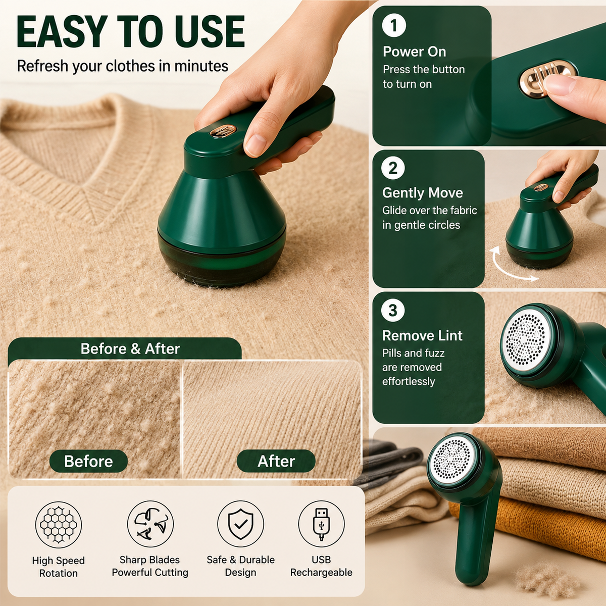 Rechargeable fabric pill shaver for sweaters, My Store's lint remover with a compact design and ergonomic handle.