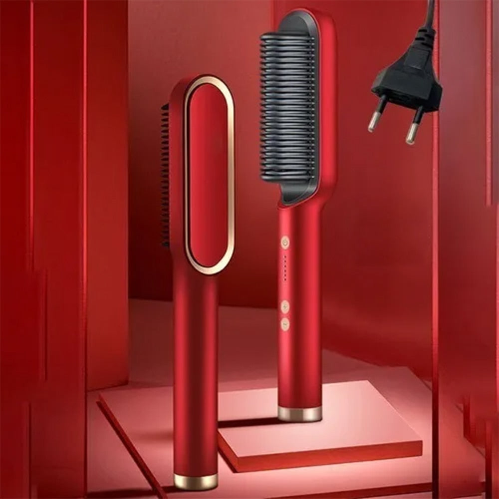My Store hair straightener brush with ceramic plates, showcasing sleek design and user-friendly controls for smooth, straight hair.