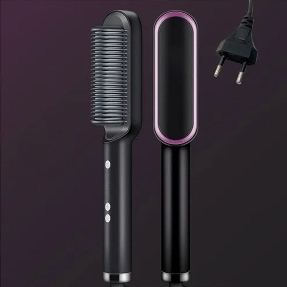 My Store hair straightener brush with black and rose gold design, showing the bristle and sleek handle for smooth styling.