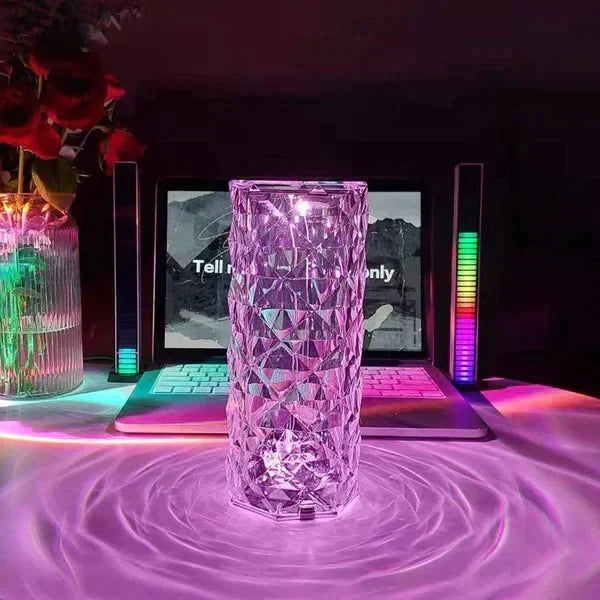 Crystal Rose Lamp with intricate glass rose design, glowing softly, perfect as elegant home decor or a decorative accent.