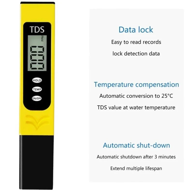Digital TDS meter by My Store showing LCD display measuring water quality for drinking, RO systems, or aquariums