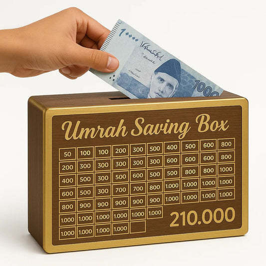 Smart Umrah Saving Box by My Store, compact and secure financial storage container for saving for Umrah pilgrimage.