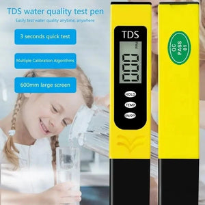 Digital TDS meter by My Store showing LCD display measuring water quality for drinking water, RO systems, and aquariums.