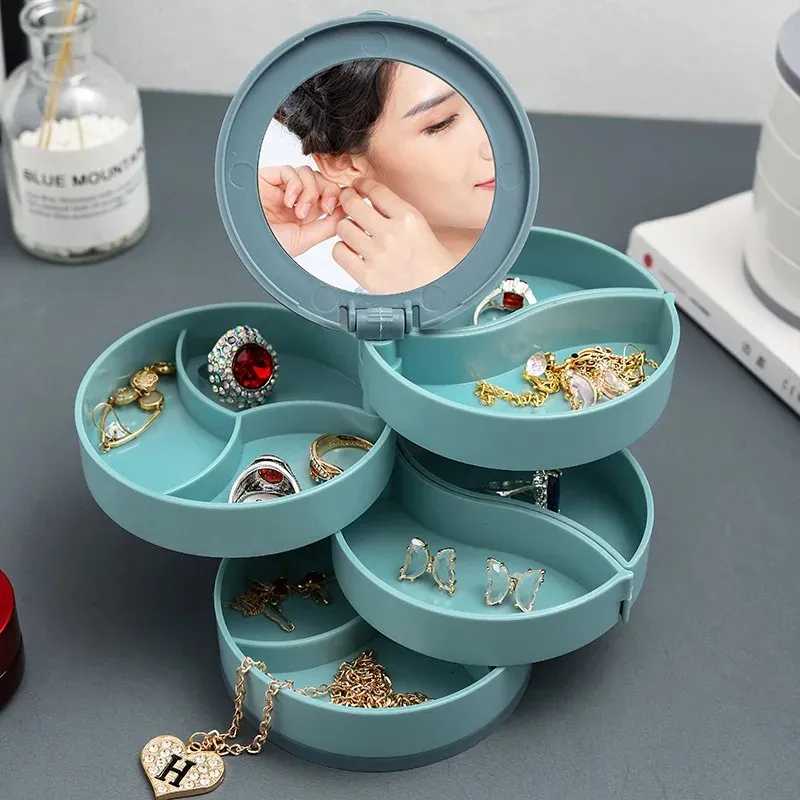 4-layer rotating jewelry organizer box by My Store with mirrors, transparent compartments, and a compact, stylish design.